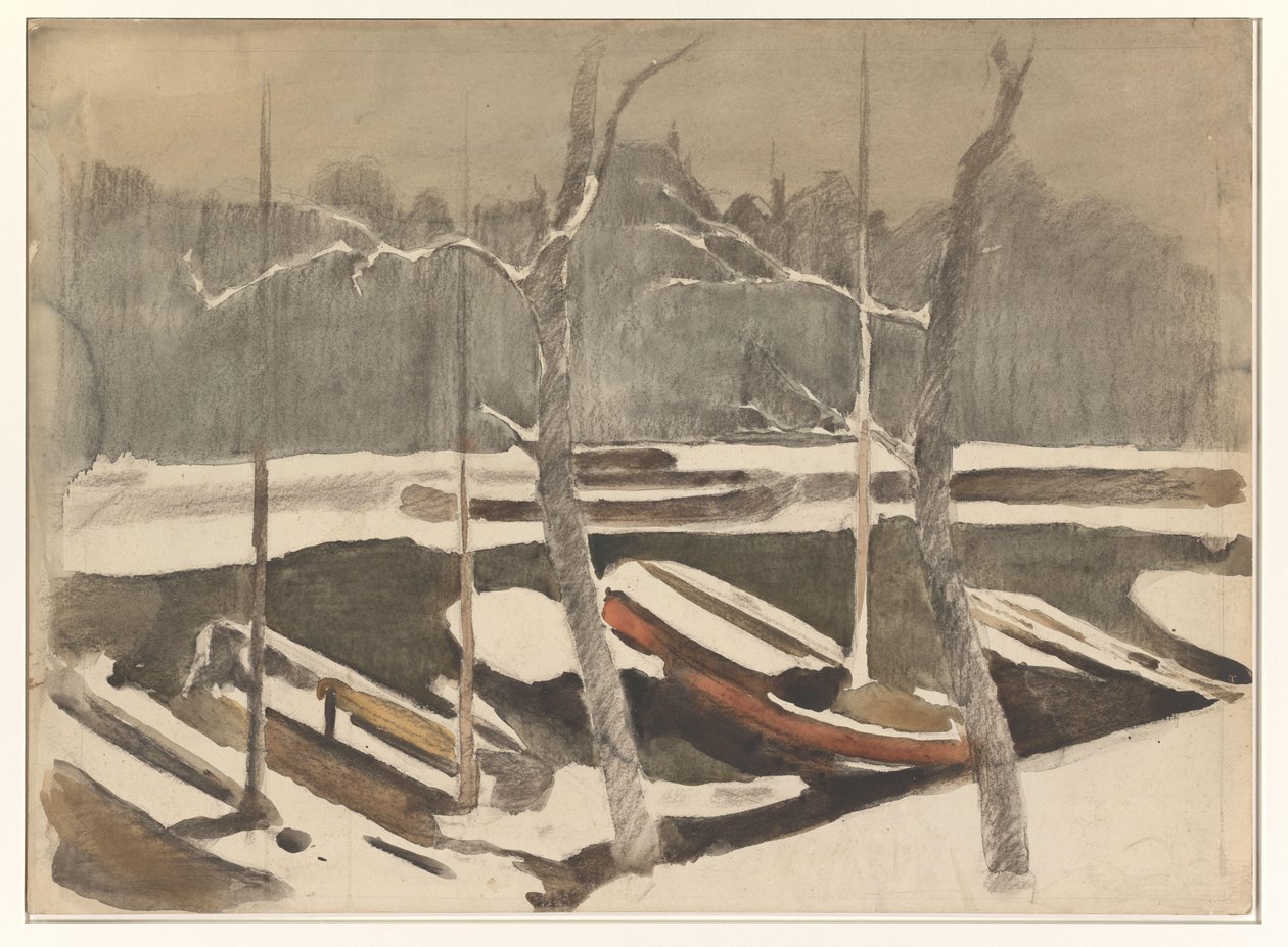 Barche ormeggiate in un canale innevato da Willem Arnoldus Witsen