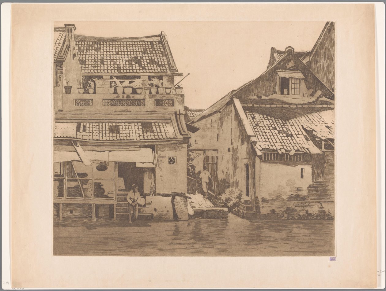Due figure vicino alle case lungo un fiume a Batavia da Willem Witsen