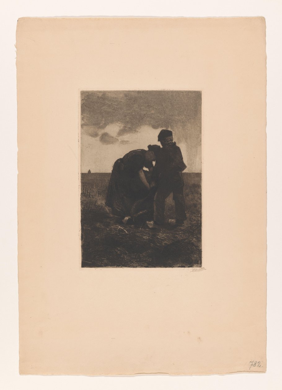Donna e ragazzo con zoccoli e un sacco di juta nel campo Raccolta di patate (titolo originale) da Willem Arnoldus Witsen