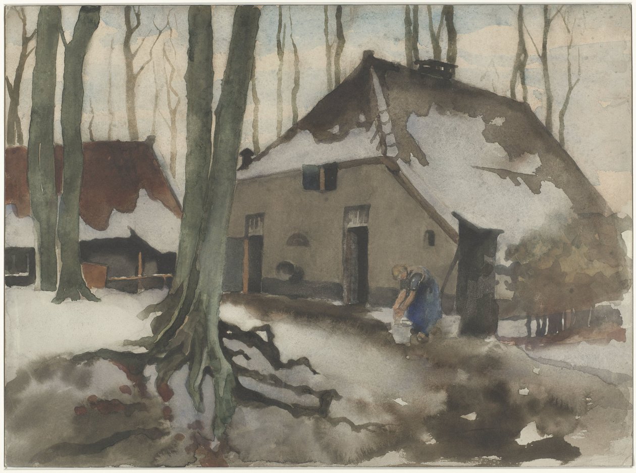Donna davanti a una casa in un bosco innevato da Willem Arnoldus Witsen