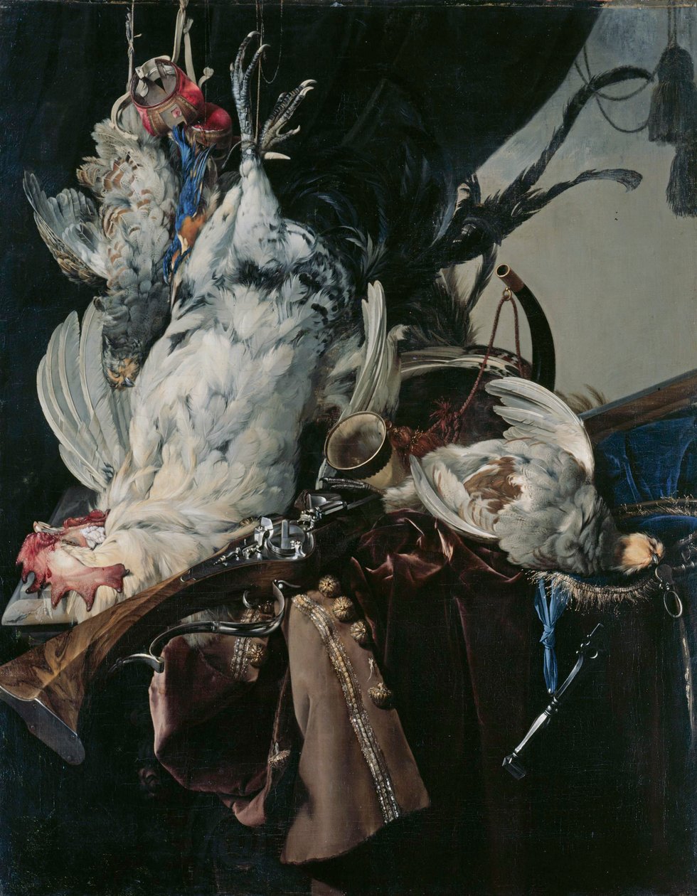 Tedesco: Stilleben mit gelegten Vögeln und Jagdgeräten Natura morta con selvaggina e attrezzi da caccia da Willem van Aelst
