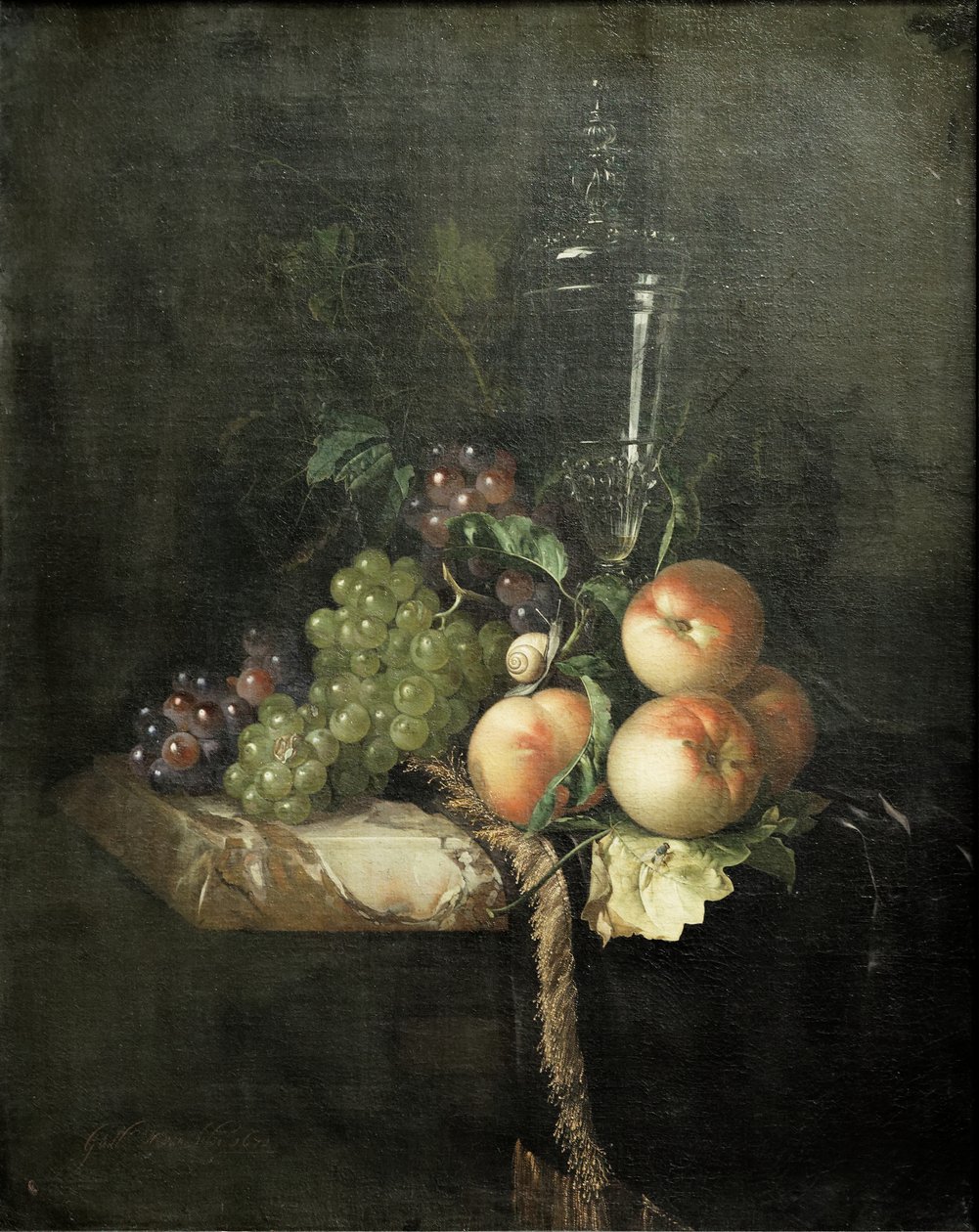 Uva, pesche e bicchieri grandi da Willem van Aelst