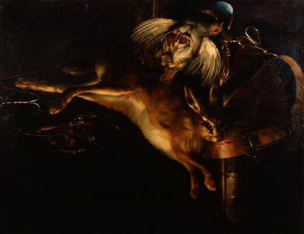 Natura morta con lepre, pernice e attrezzatura da caccia sopra un ripiano di marmo da Willem van Aelst