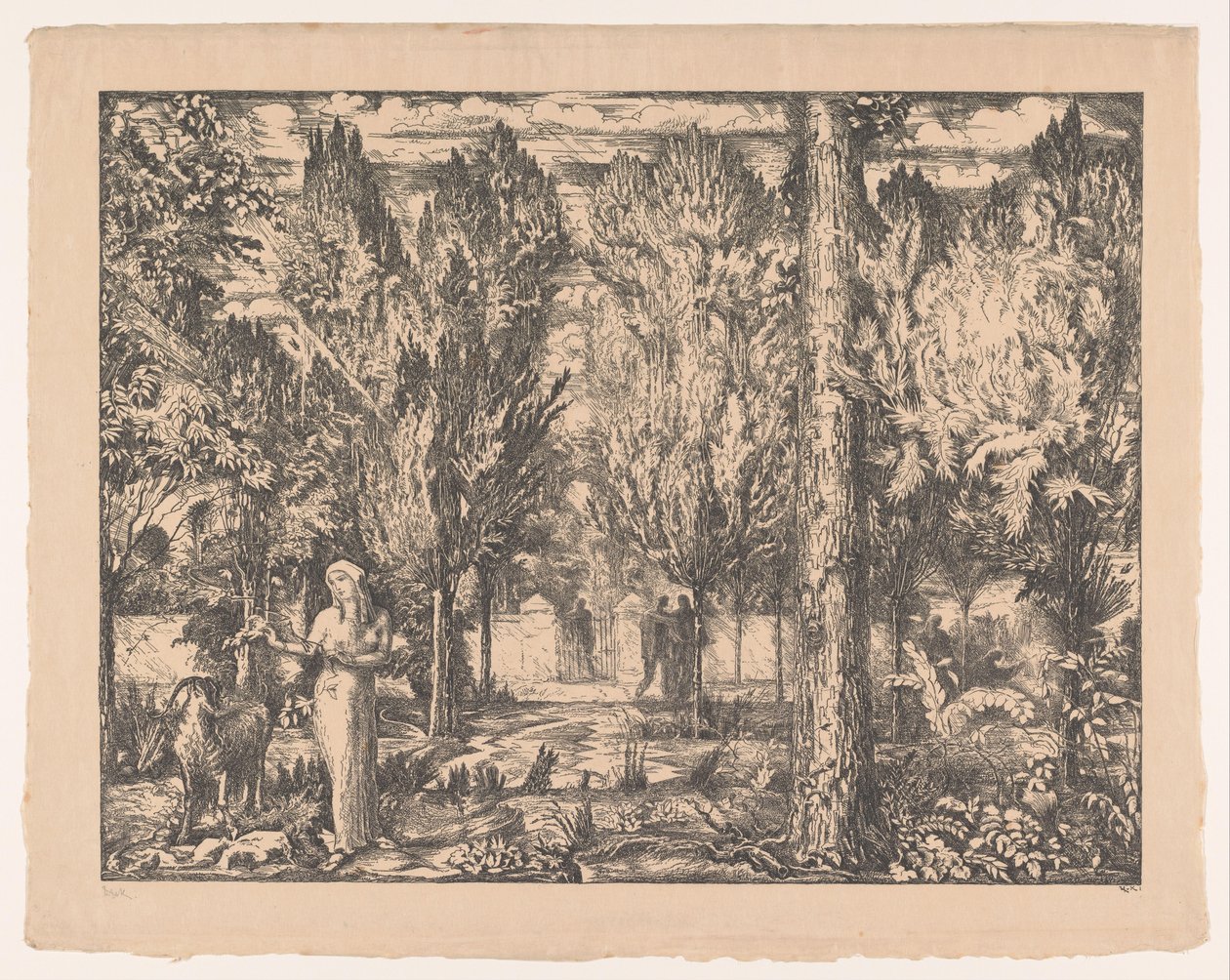 Donna e ariete in giardino recintato da Willem van Konijnenburg (signed by artist)