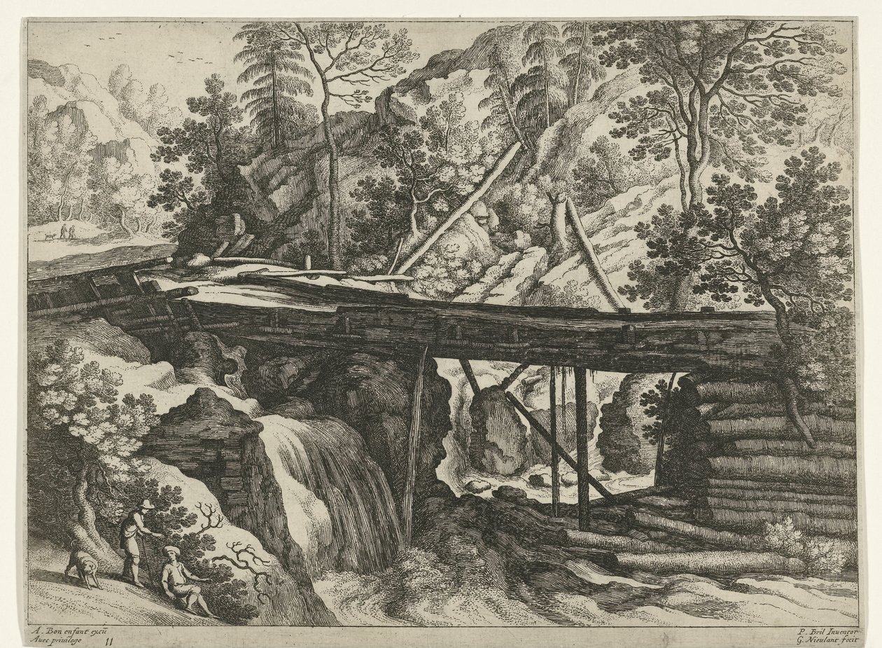 Paesaggio montano con acquedotto in legno Italiaanse landschappen (serie) da Willem van Nieulandt (II)