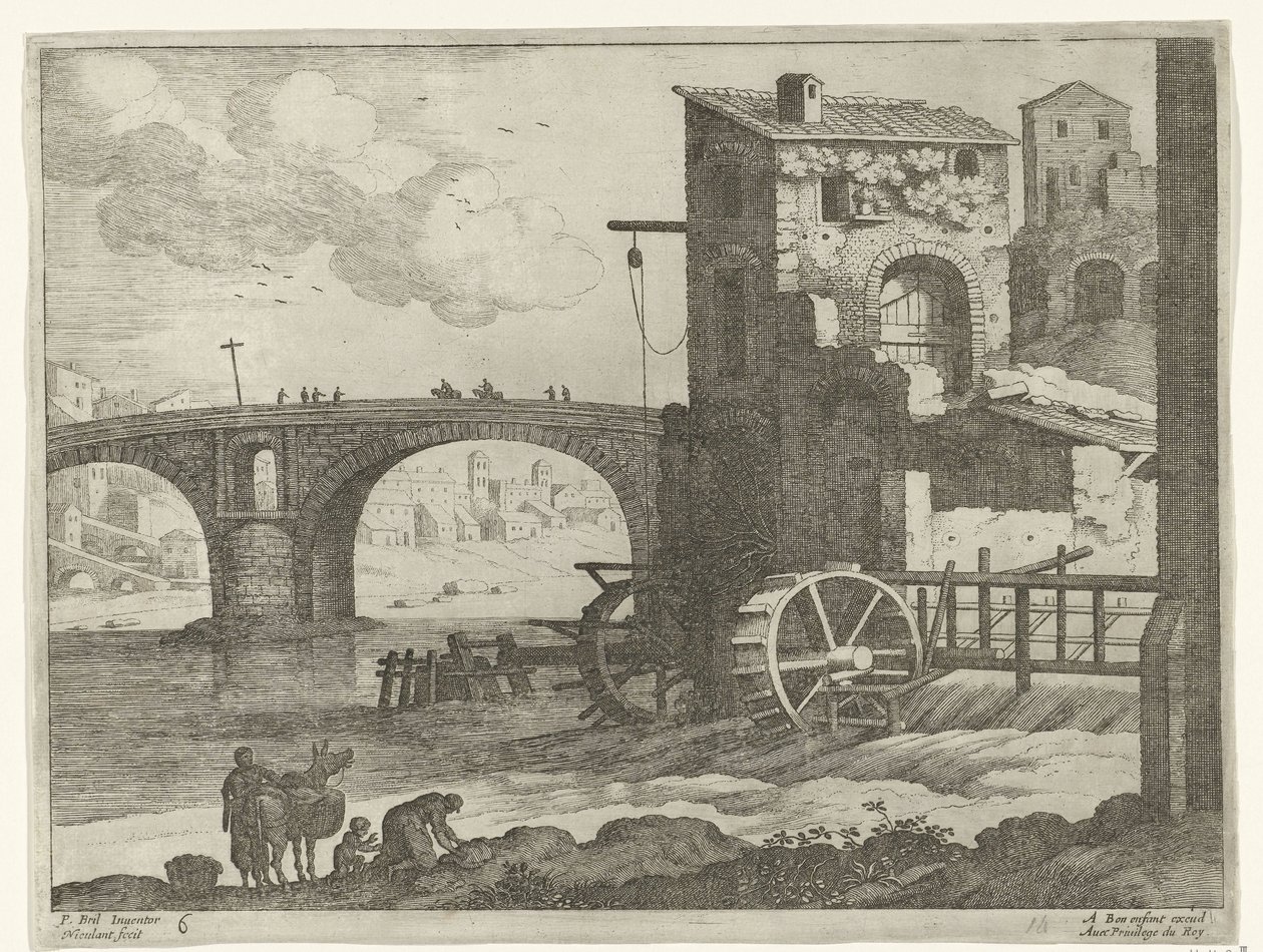 Ponte e mulino ad acqua (serie: Paesaggi italiani) da Willem van Nieulandt (II)