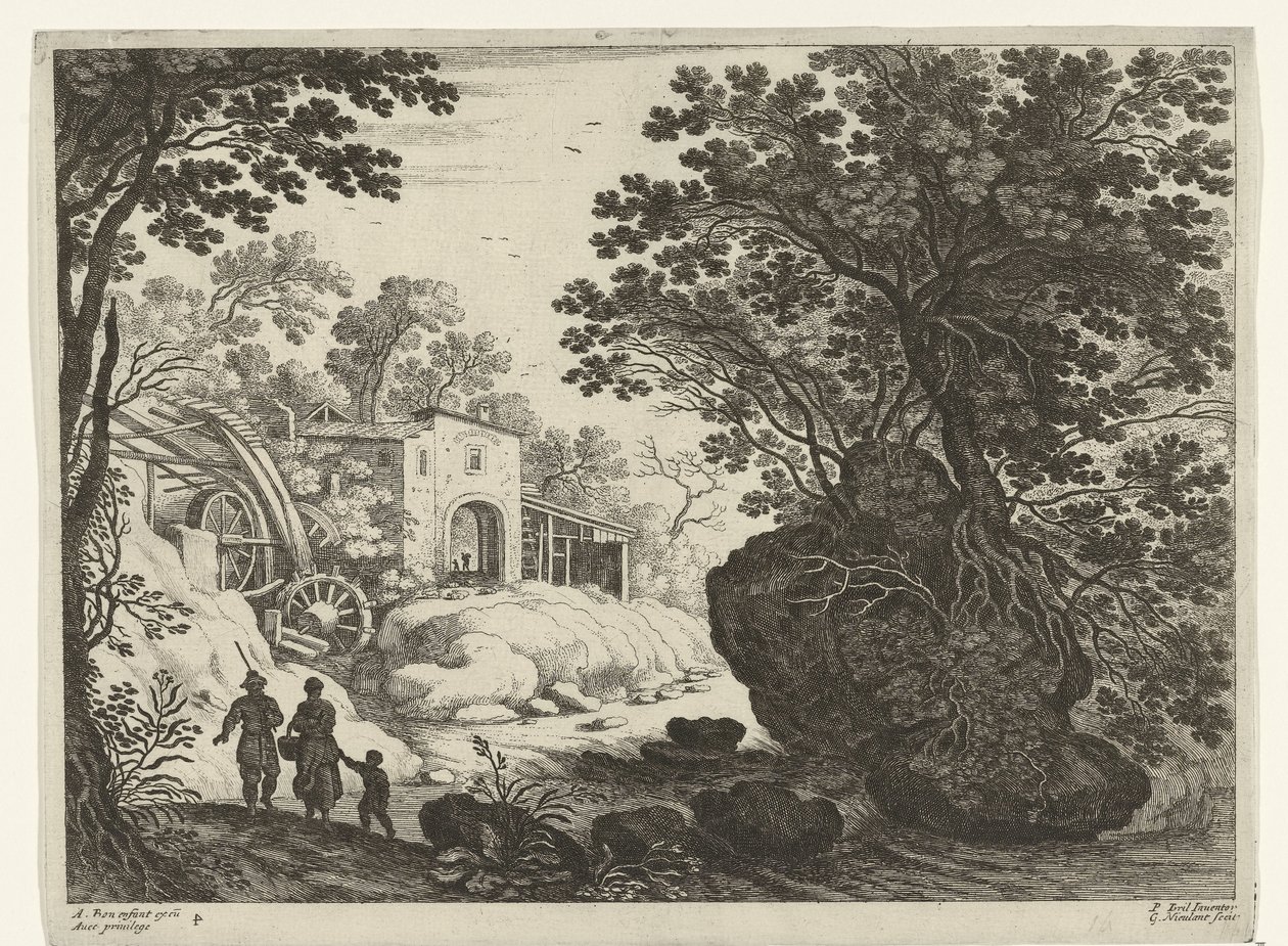 Coppia e bambino presso un mulino ad acqua (Paesaggi italiani) da Willem van Nieulandt (II)