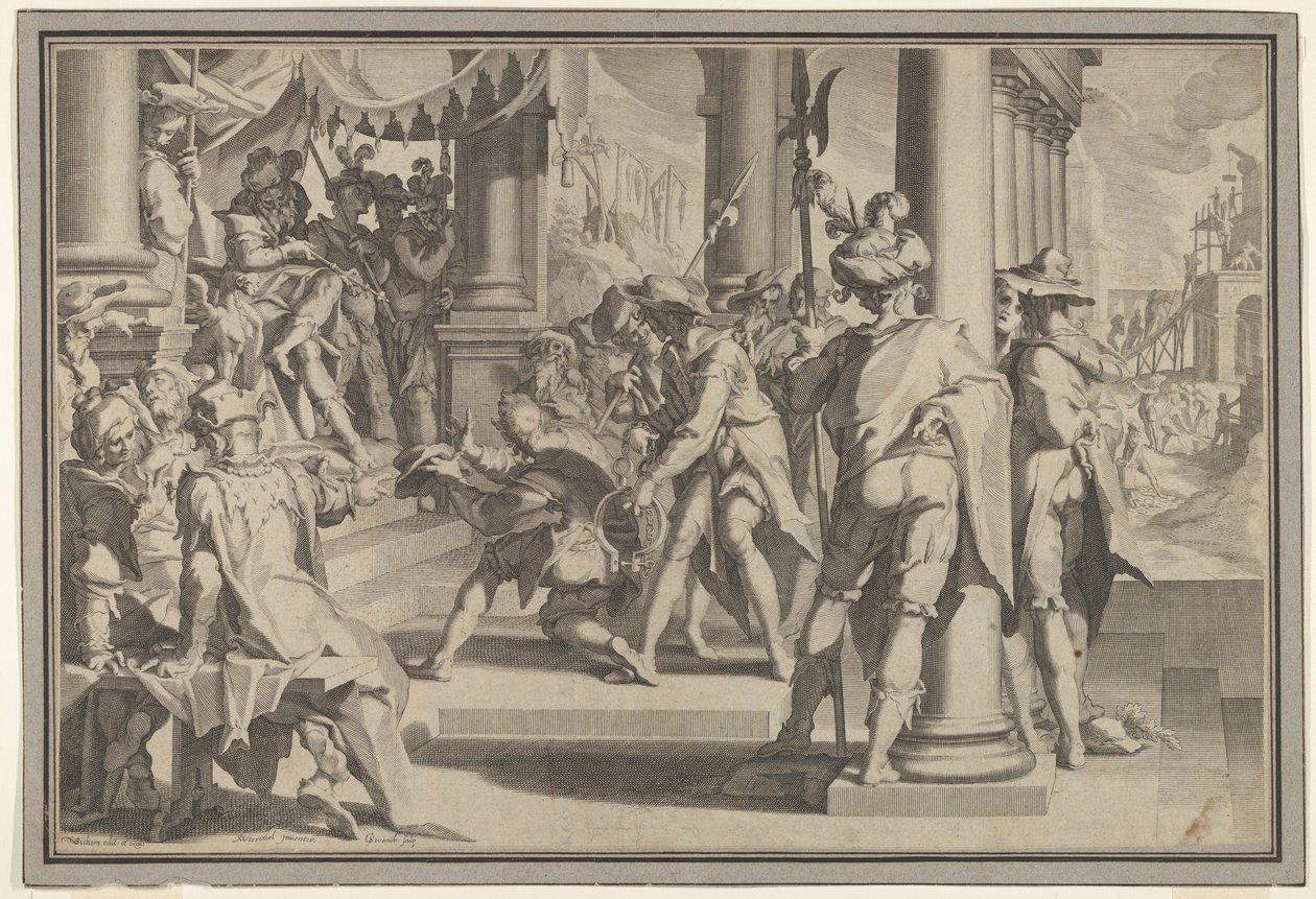 Allegoria della Giustizia e Santità della Legge con una scena di tribunale, 1605 da Willem van Swanenburg