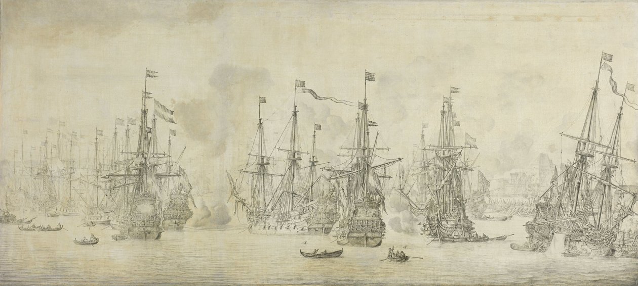 Il fallito attacco degli inglesi alla flotta di ritorno nel porto di Bergen, Norvegia, 12 agosto 1665: un episodio della seconda guerra anglo-olandese da Willem van de Velde (I)