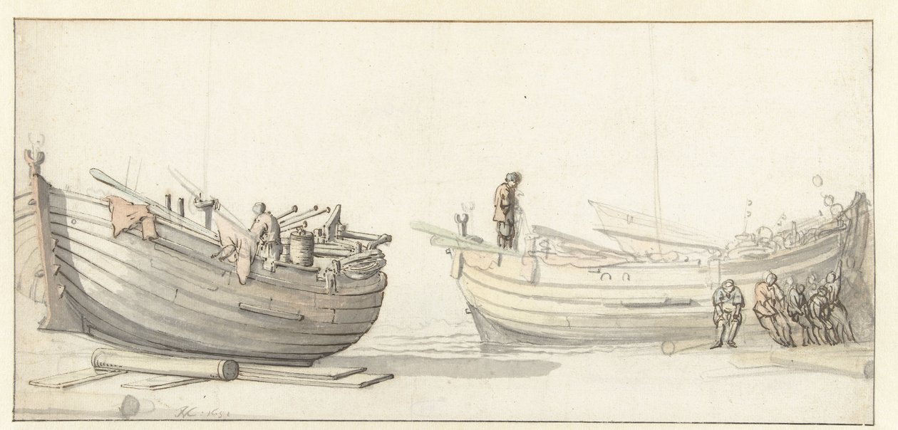 Studio di due barche da pesca con figure da Willem van de Velde (II) (attributed to)