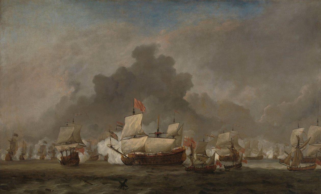 Battaglia navale tra Michiel Adriaensz de Ruyter e il Duca di York sulla Royal Prince durante la Battaglia di Solebay, 7 giugno 1672: episodio della Terza Guerra Anglo-Olandese da Willem van de Velde (II)