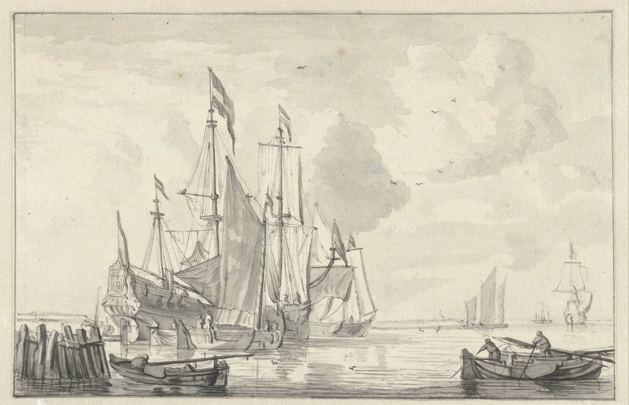Veduta marina con alcune navi in acque calme vicino alla costa da Willem van de Velde (II)
