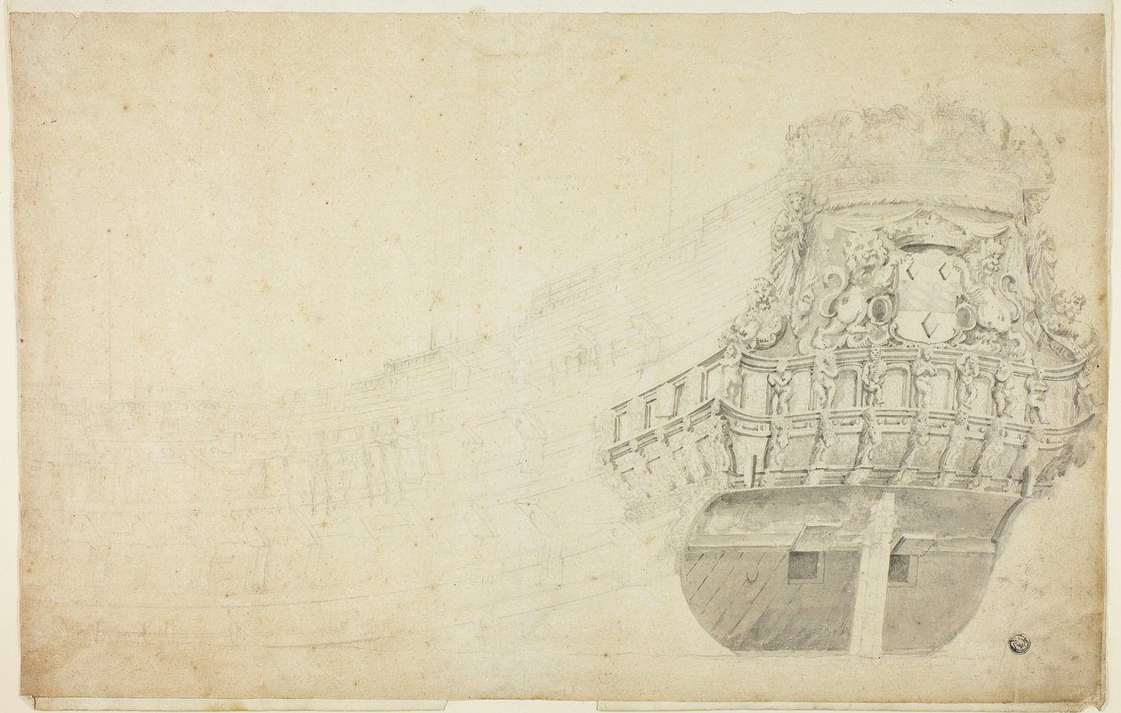 Schizzo parziale di una nave olandese vista da babordo da Willem van de Velde I