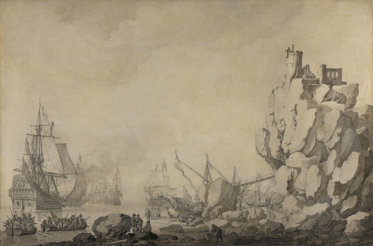 Navi e milizia presso una costa rocciosa da Willem van de Velde the Elder