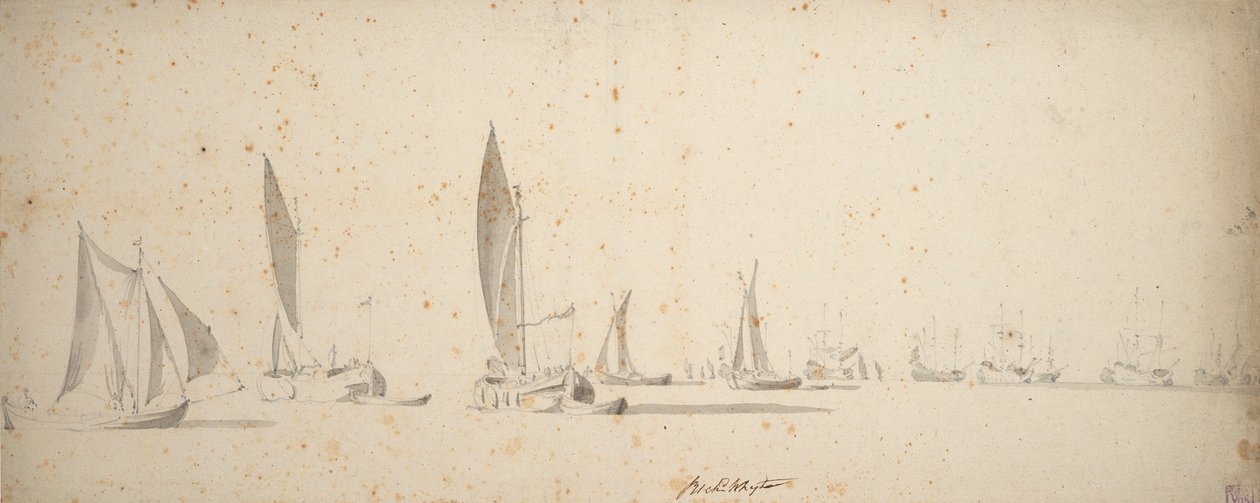 Una tochtschuit, wijdschips e waterschips con una leggera brezza da Willem van de the Elder Velde