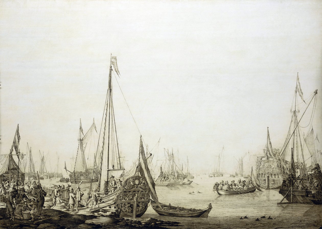Varietà di navi in un porto affollato, storicamente associato al viaggio di Carlo II d