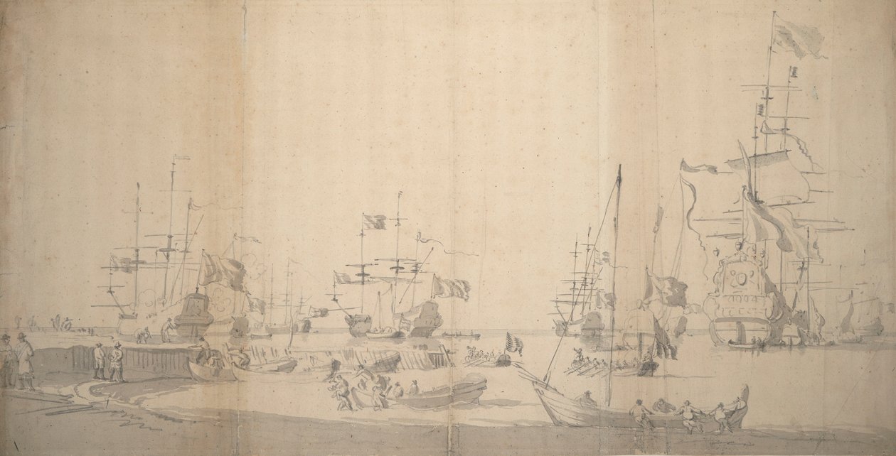 Una weyschuit tirata a riva in un porto affollato, c.1672 da Willem van de the Elder Velde