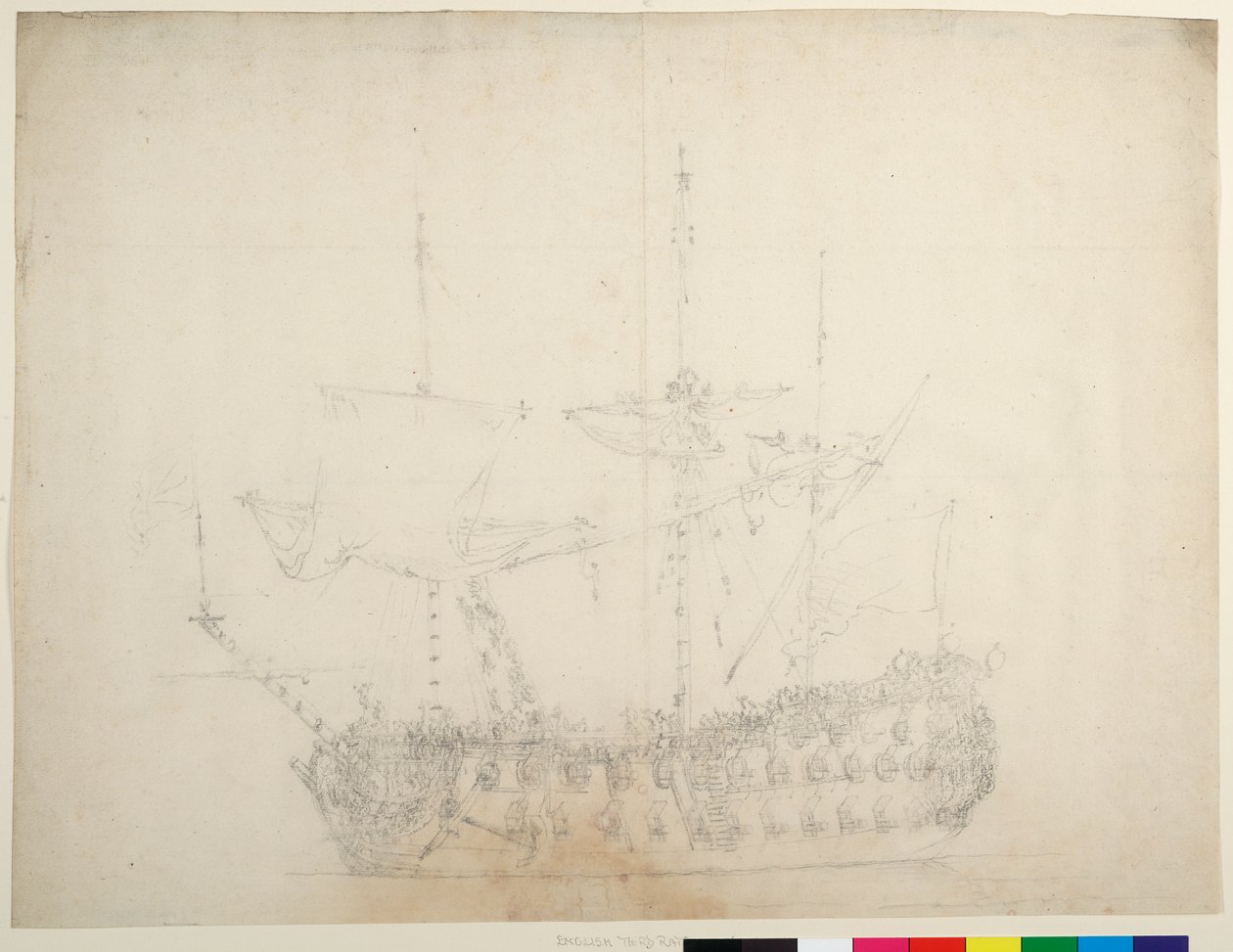 Una nave inglese di terza classe da 60 cannoni vista da vicino sulla prua di babordo da Willem van de the Elder Velde