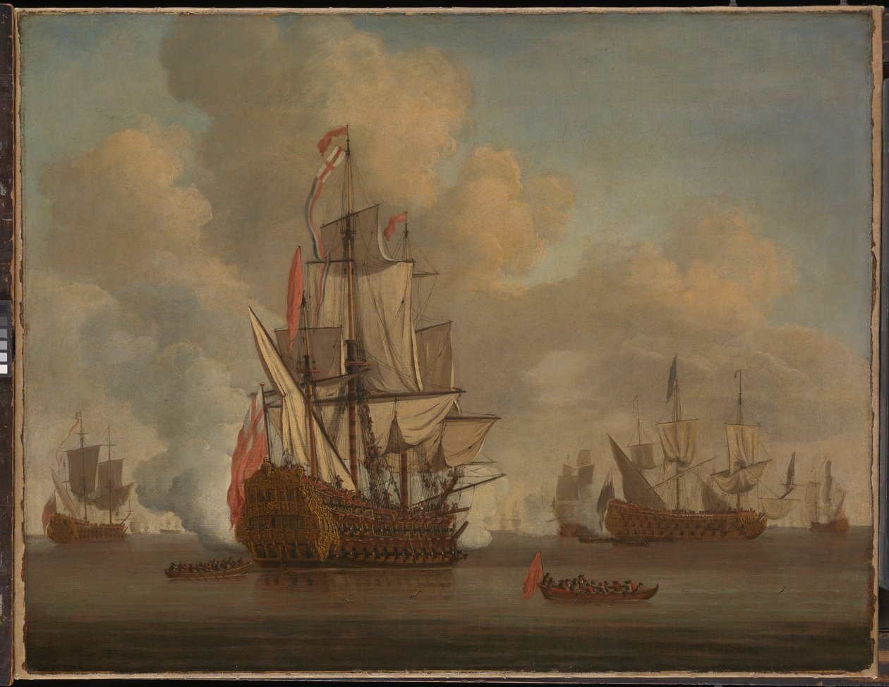 Calma: un due ponti inglese con vele sciolte che spara un saluto da Willem van de the Elder Velde