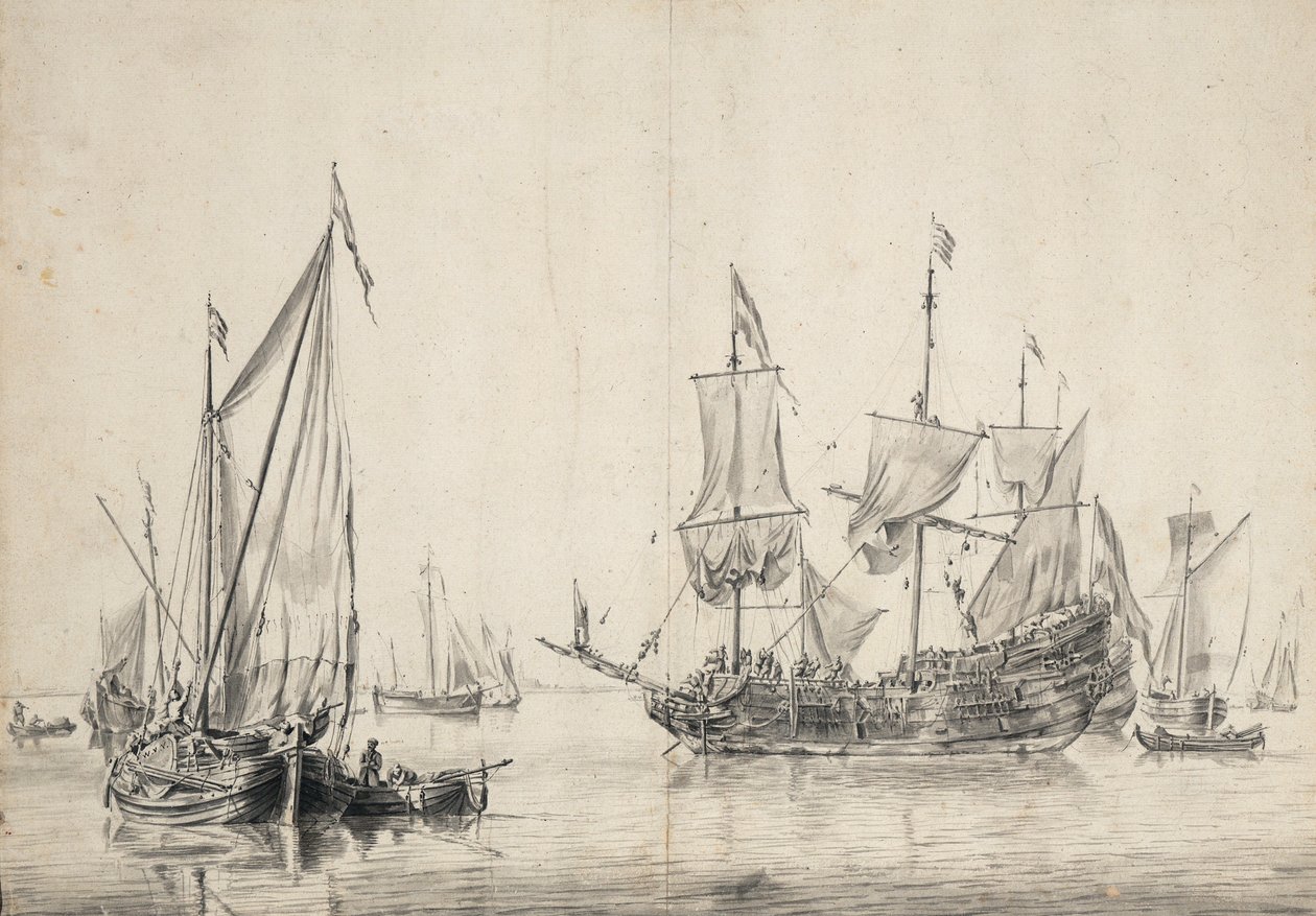 Barche a vela e una fregata olandese che asciuga le vele. Disegno e lavaggio di William van de Velde l
