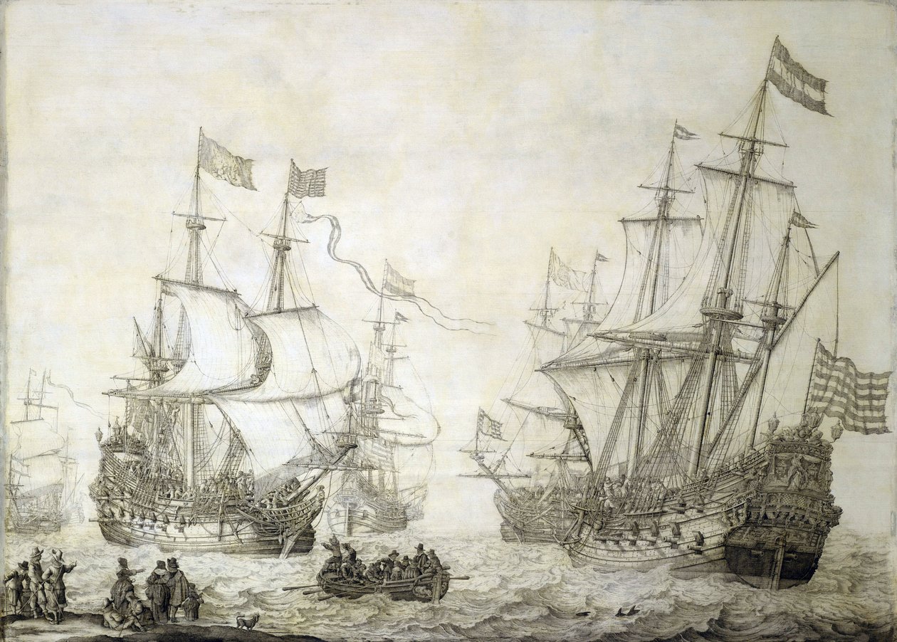 Due navi mercantili della Compagnia Olandese delle Indie Orientali, che lasciano la riva con venti calmi. Grisaille su legno da Willem van de the Elder Velde