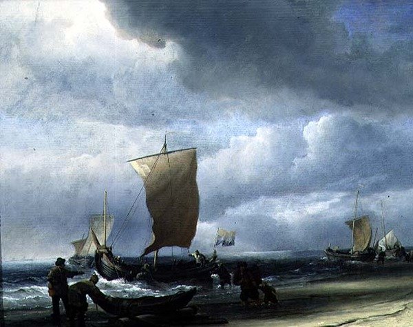 Barche da pesca che arrivano a riva da Willem van de Velde the Younger