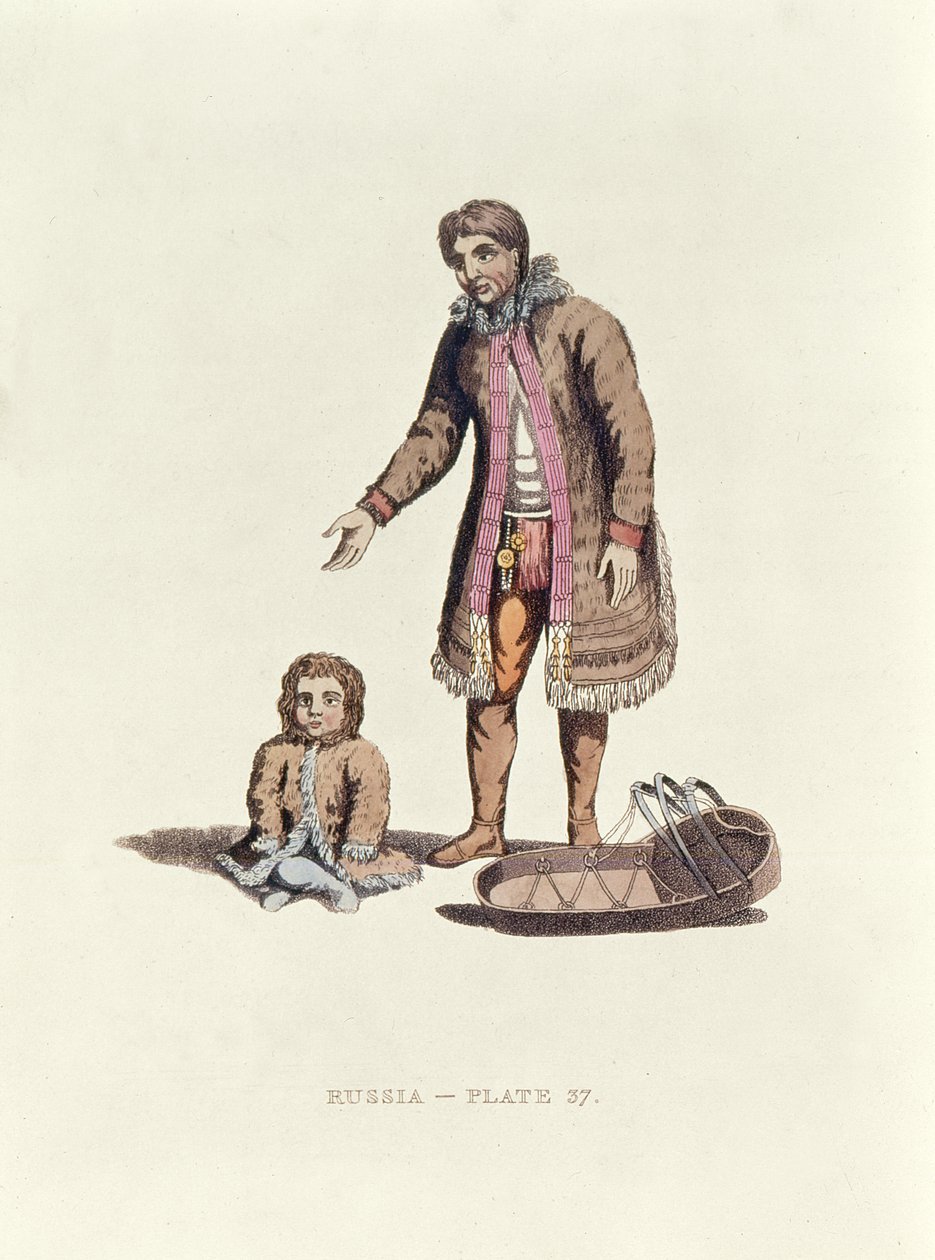 Donna Samoieda con il suo Bambino e una Culla da Dress of the Russians, 1814 da William Alexander