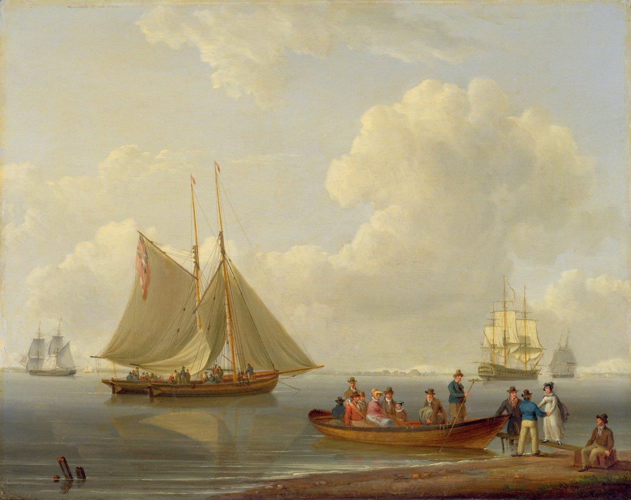 Una chiatta che porta passeggeri a due pacchetti ancorati, 1825 da William Anderson