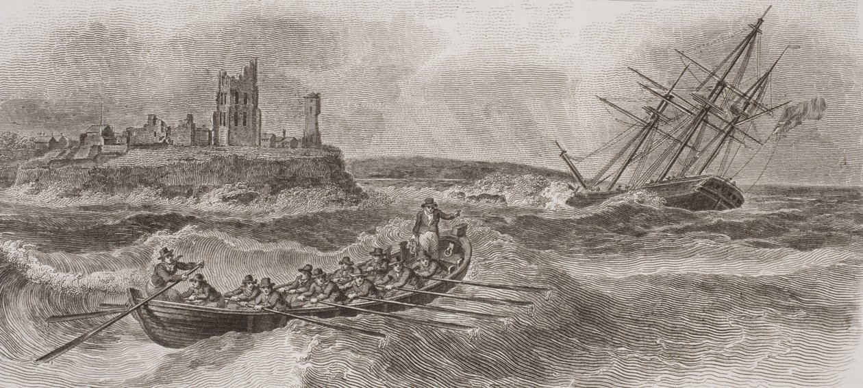 Barca di salvataggio che rema per soccorrere una nave a vela in difficoltà, inciso da Thomas Milton (1743-1827) 1820 da William Anderson