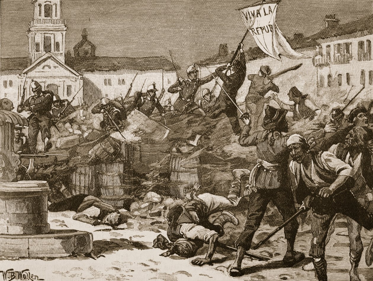 Combattimenti di strada a Malaga, 1869, illustrazione da 