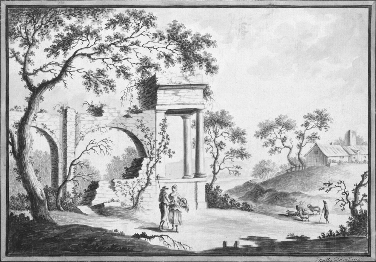 Paesaggio italiano con rovine classiche e pastori da William Beilby