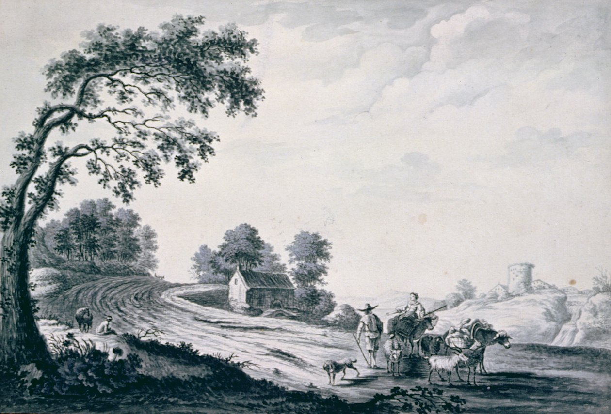 Paesaggio italiano con contadini e animali su una strada da William Beilby
