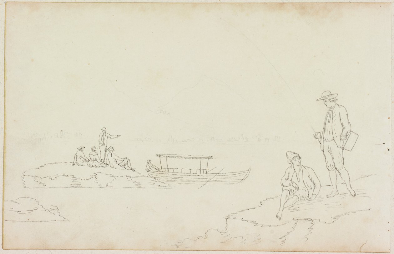 Uomo che pesca e persone che si rilassano sulle rive del fiume da William Beilby