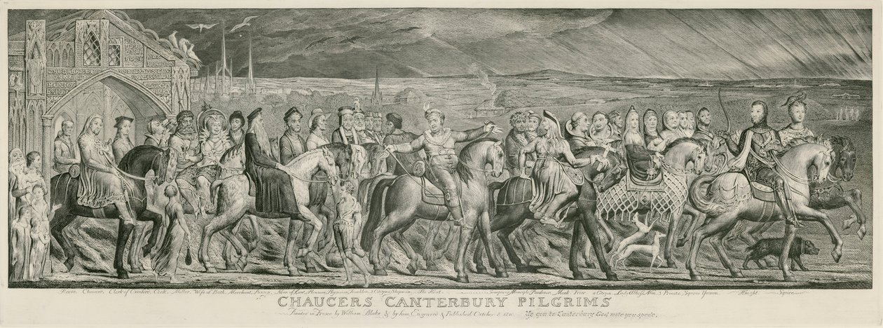 Incisione dei Pellegrini di Canterbury di Blake da William Blake