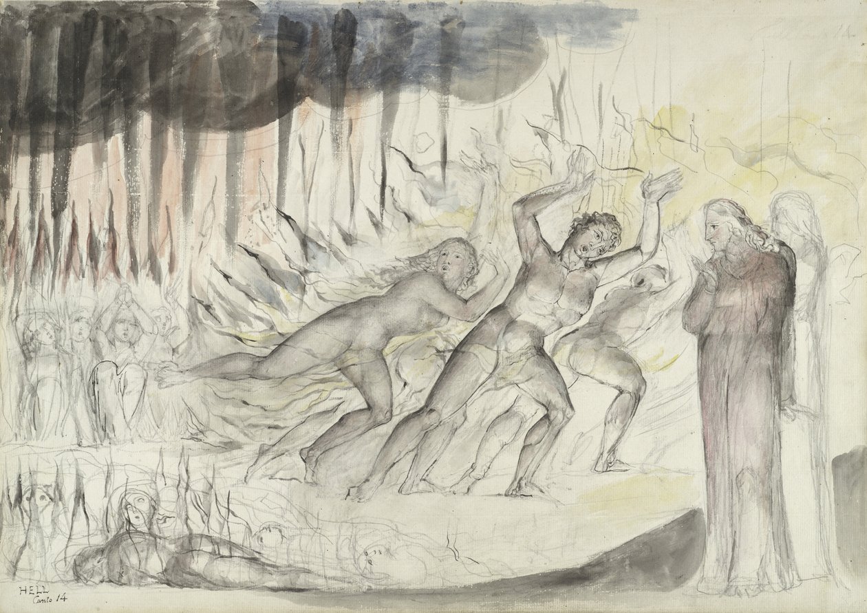 Dante e Virgilio tra i Bestemmiatori, illustrazione alla Divina Commedia di Dante Alighieri, 1824-27 da William Blake