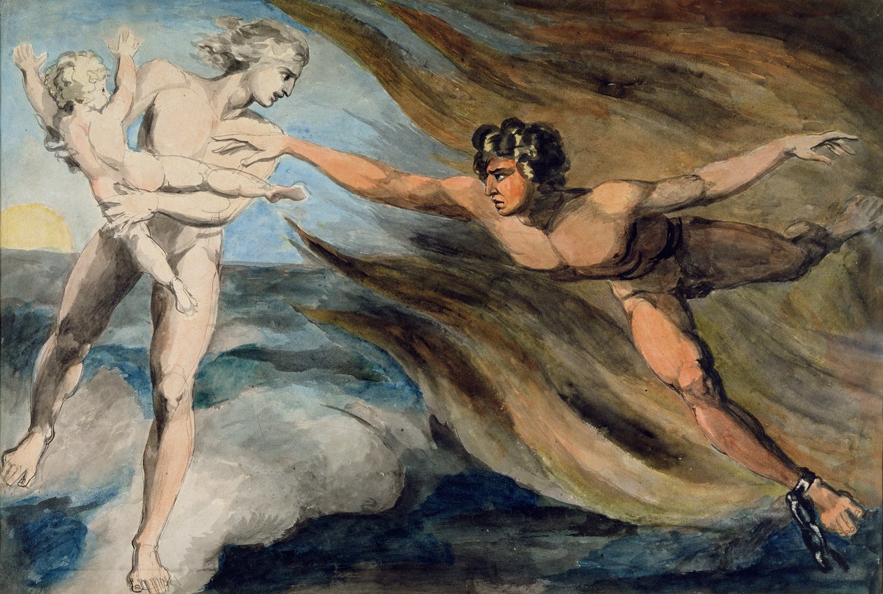Angeli buoni e cattivi che lottano per il possesso di un bambino da William Blake