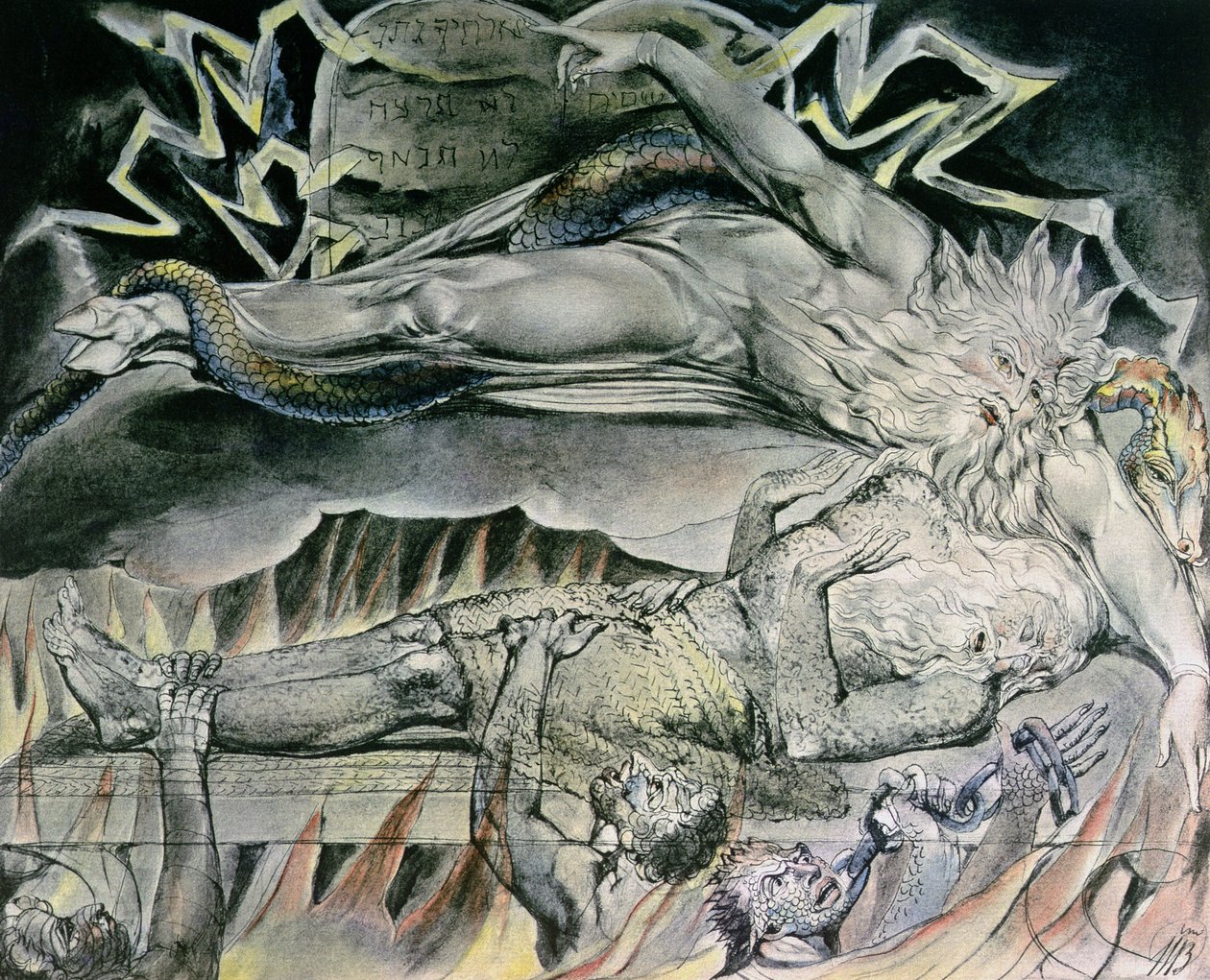 Illustrazioni del Libro di Giobbe; I sogni malvagi di Giobbe, che mostrano il Dio di Giobbe, che è diventato Satana con zoccolo biforcuto e avvolto da un serpente, che punta alle Tavole della Legge mosaica, 1825 (penna, acquerello su carta) da William Blake