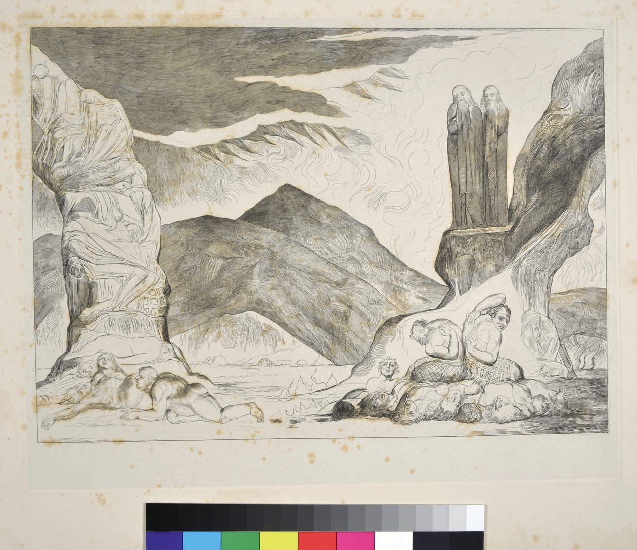 Il cerchio dei falsificatori: Dante e Virgilio si coprono il naso a causa del fetore, Inferno, Canto XXIX, illustrazione alla 