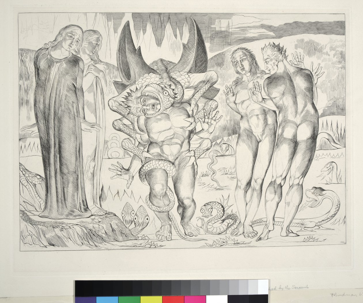 Il cerchio dei ladri: Agnolo Brunelleschi attaccato da un serpente a sei zampe, Inferno, Canto XXV, illustrazione alla 
