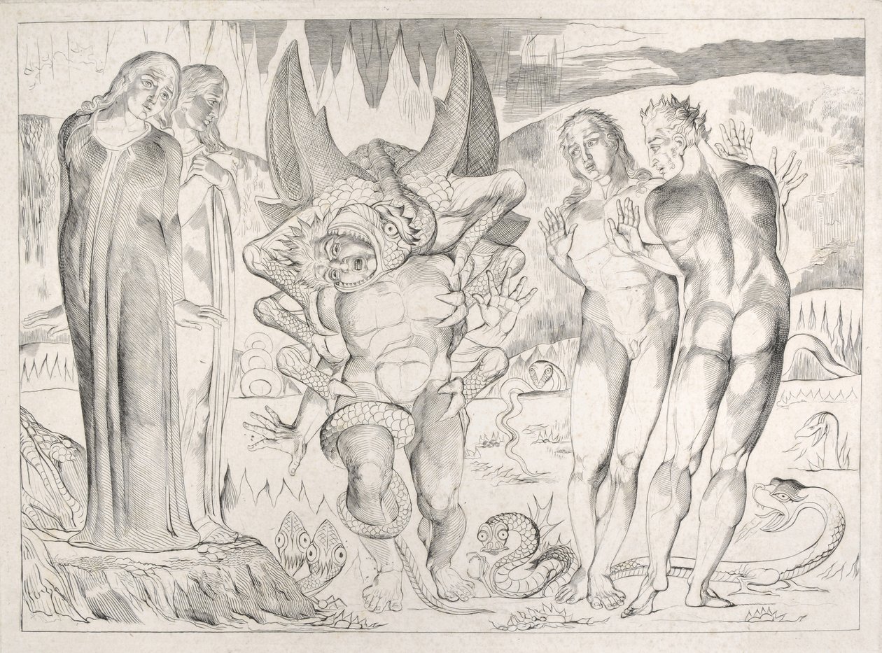 Il cerchio dei ladri: Agnolo Brunelleschi attaccato da un serpente a sei zampe Inferno, Canto XXV, illustrazione della 