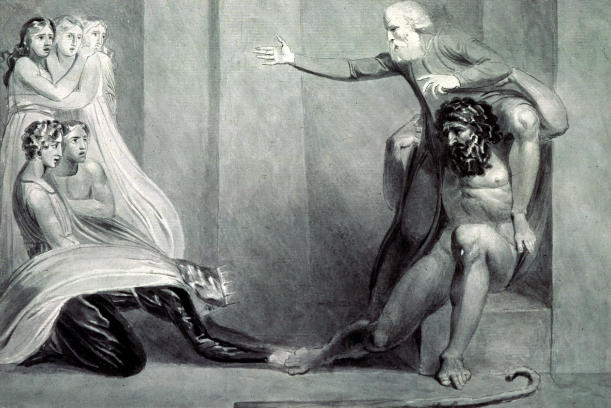 Tiriel, riportato al palazzo sulle spalle del fratello Ijim, che si rivolge alle sue cinque figlie da William Blake