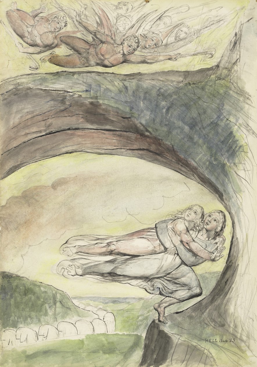 Virgilio salva Dante dai demoni malvagi, illustrazione alla Divina Commedia di Dante Alighieri, 1824-27 da William Blake