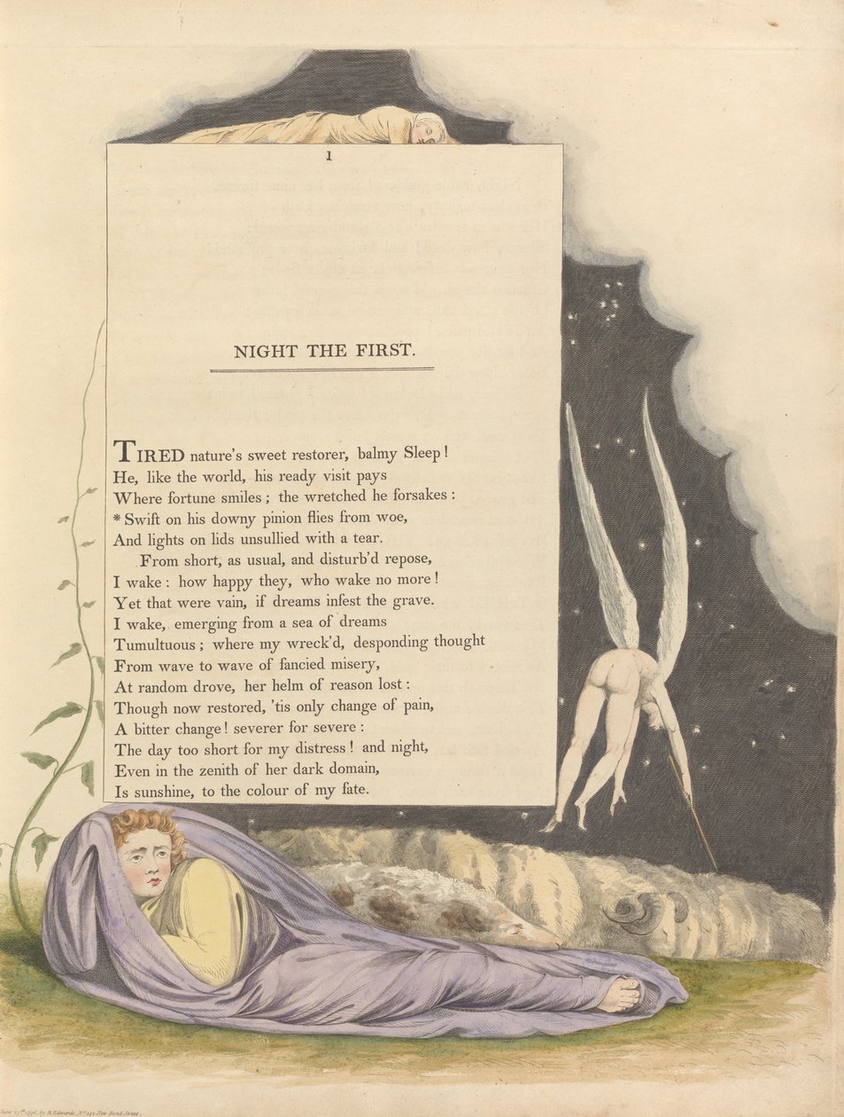 Pensieri notturni di Young, Pagina 1, Vola rapido sul suo piumato cuscino dal dolore da William Blake