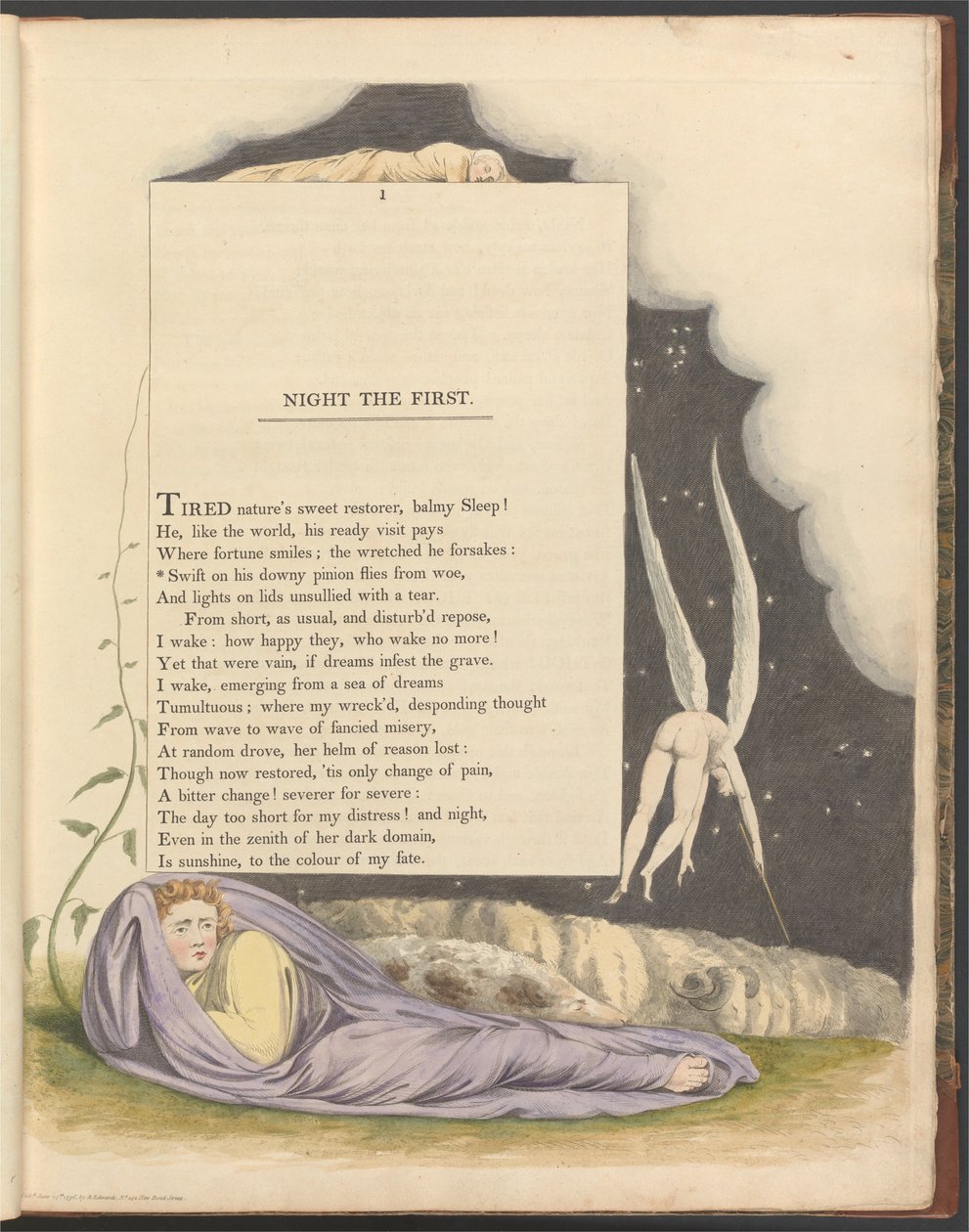 Pensieri notturni di Young, Pagina 1, Vola rapido sul suo piumino dal dolore da William Blake