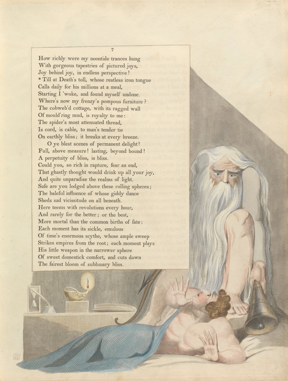 Pensieri notturni di Young, Pagina 7, Fino al rintocco della morte, la cui lingua di ferro irrequieta da William Blake