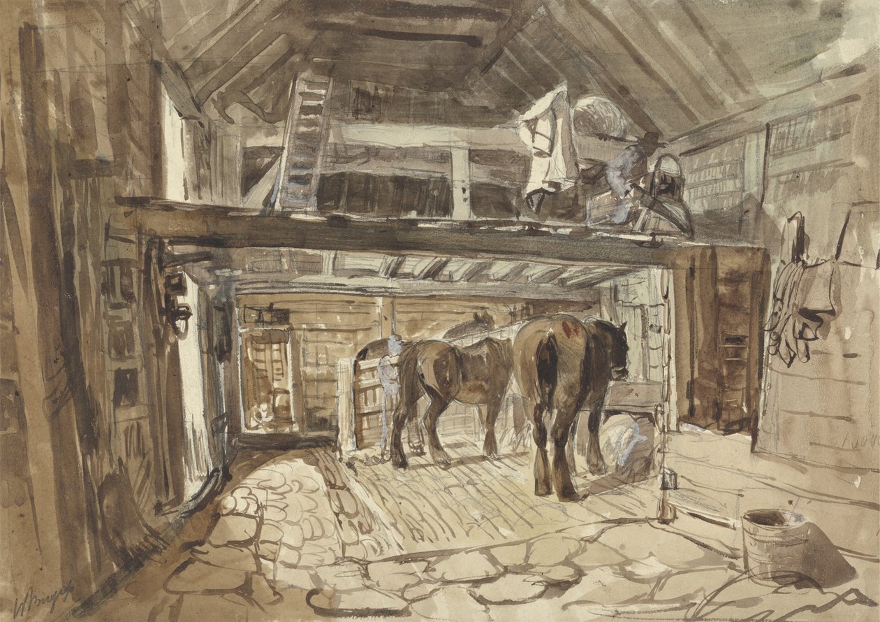 Interno di una stalla, con due cavalli che si nutrono da Henry William Burgess