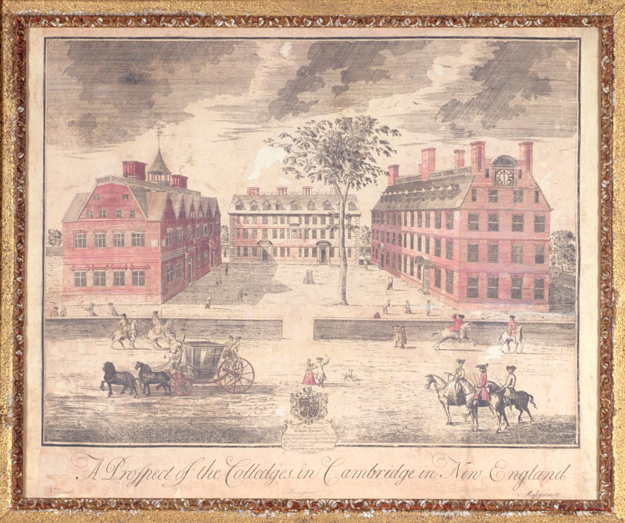 Una prospettiva dei college a Cambridge nel New England, incisione attribuita a John Harris, 1726 (incisione colorata a mano) da William Burgis