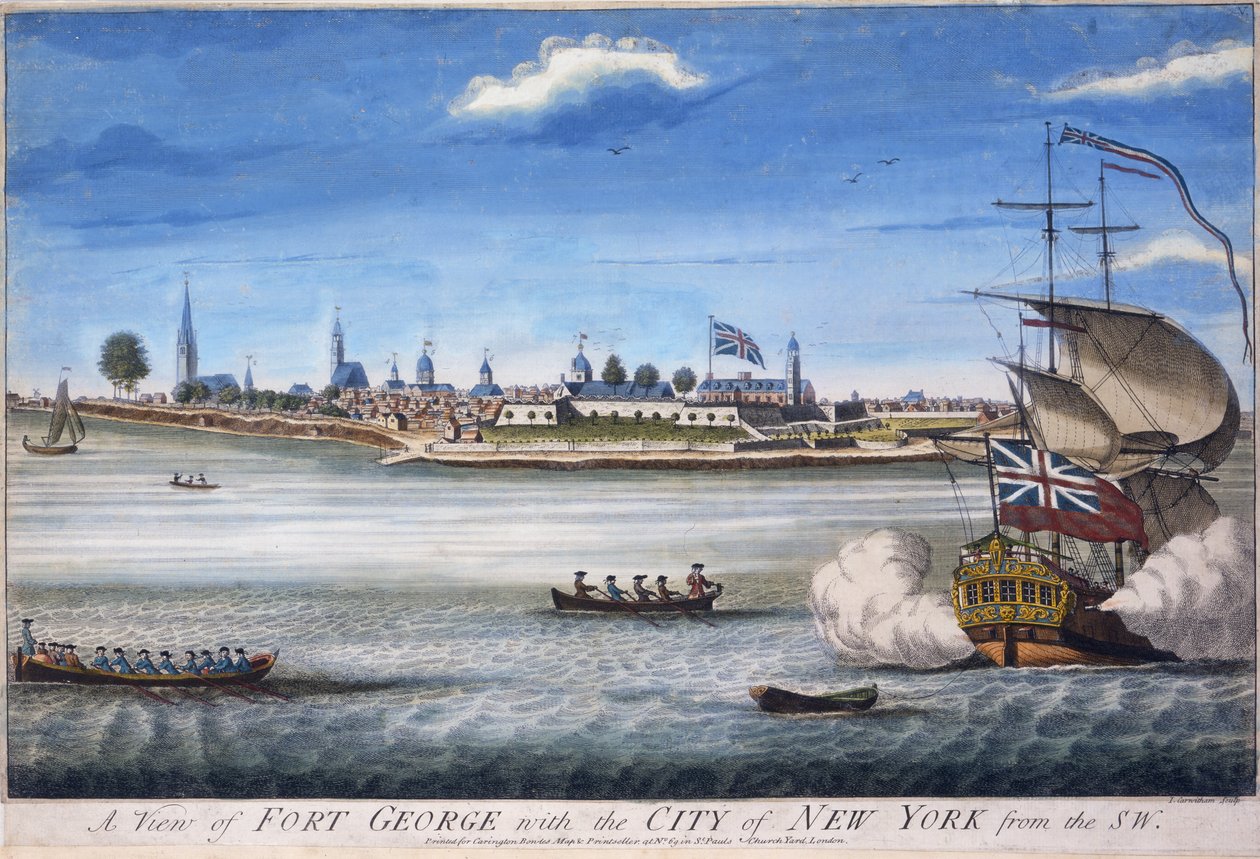 Vista di Fort George con la città di New York da sud-ovest, inciso da John Carwitham da William Burgis