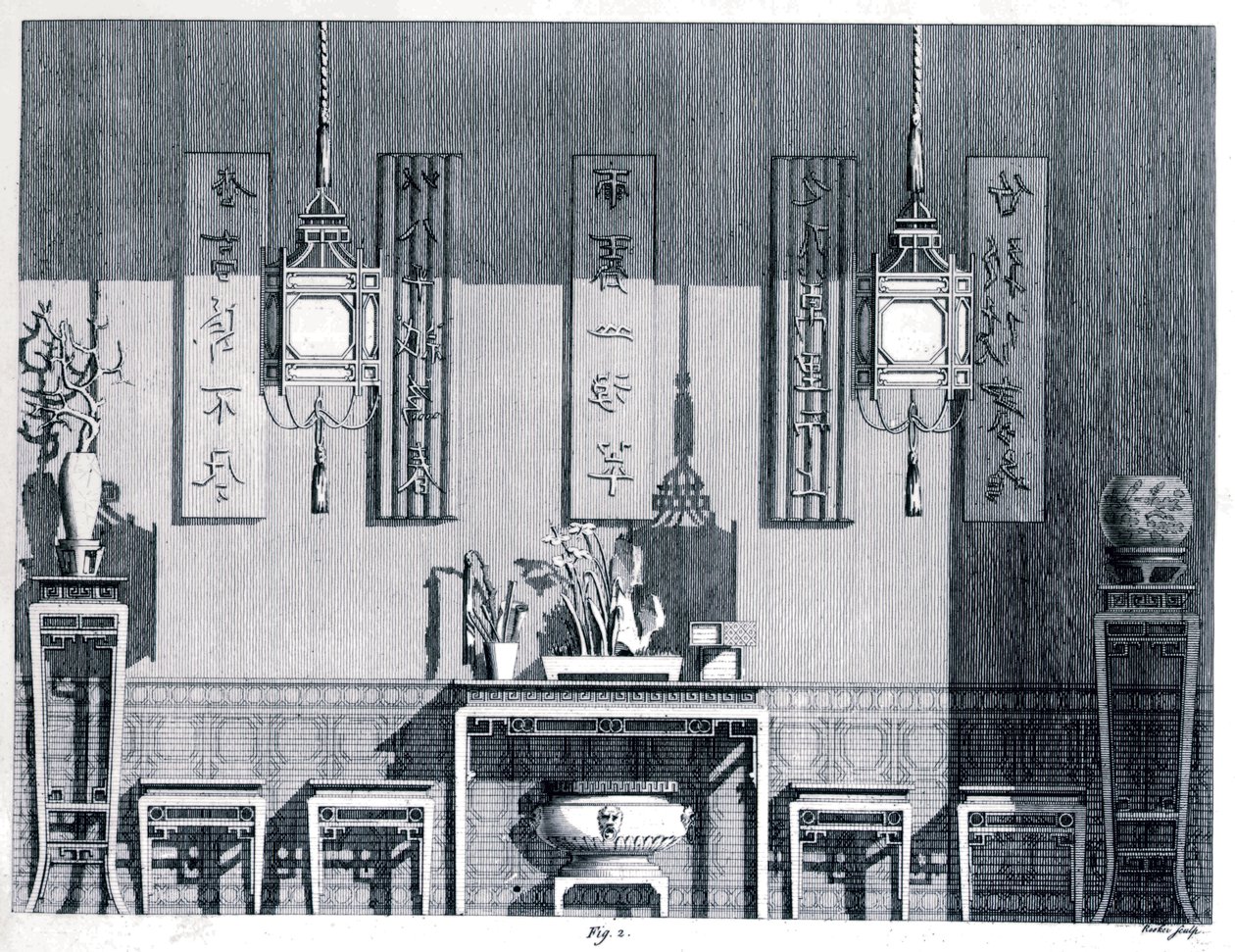 Interno, Chambers, Sir William (1723-96) da Designs of Chinese Buildings, 1759, Incisione in bianco e nero da William Chambers