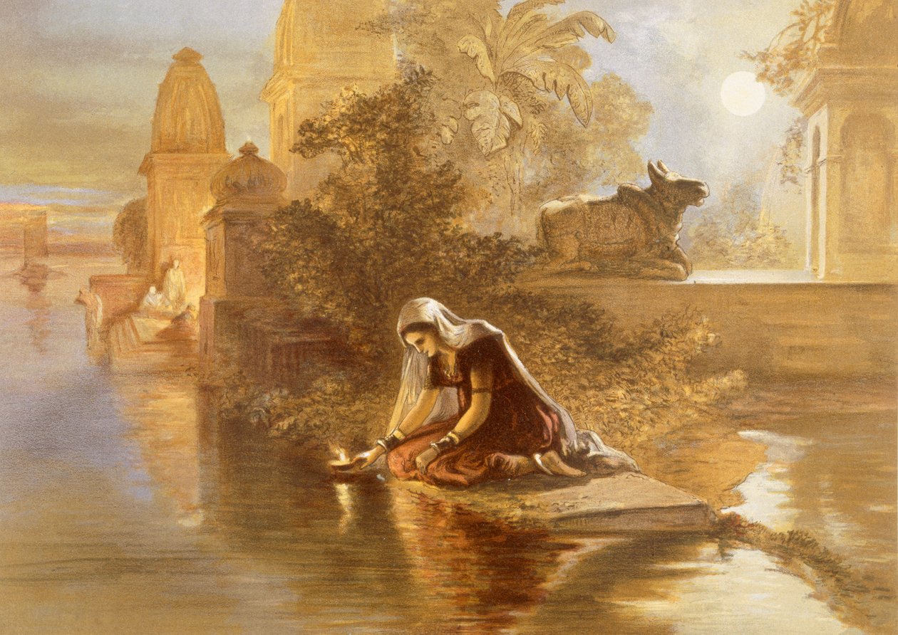 Donna indiana che fa galleggiare lampade sul Gange, da 